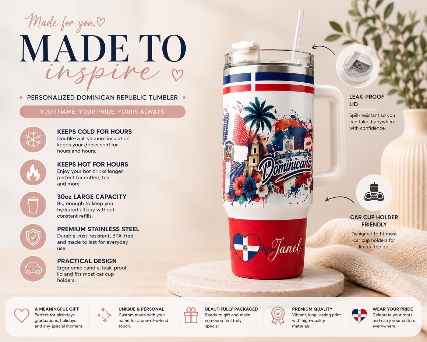 Personalized Dominican Republic Flag Tumbler with Handle: 30oz/40oz Travel Cup, Dominican Pride Gift, Republica Dominicana Mug, Custom Name