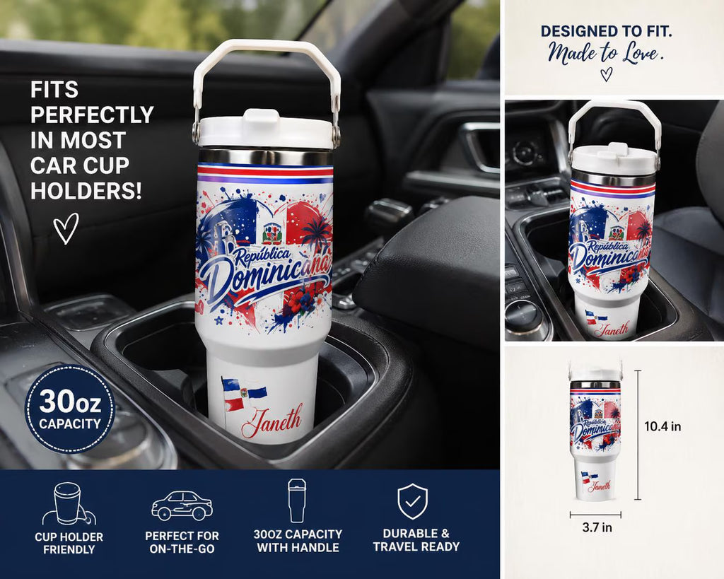 Personalized Dominican Republic Flag Tumbler with Handle: 30oz/40oz Travel Cup, Dominican Pride Gift, Republica Dominicana Mug, Custom Name