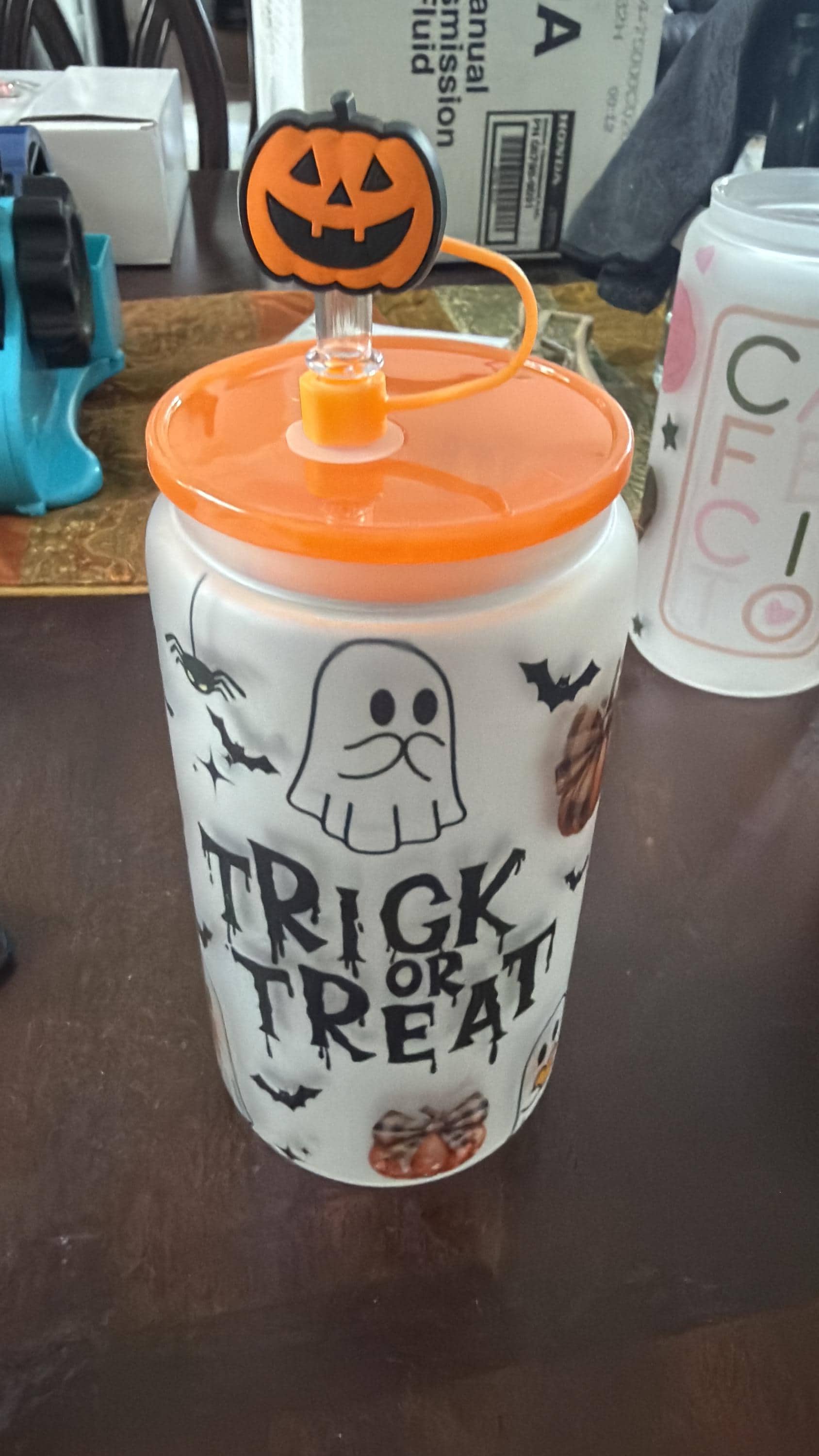 Personalized Halloween Ghost Glass Cup 16oz, Cute Ghost Iced Coffee Cup with Lid and Straw, Custom Fall Tumbler Gift, Spooky Can Glass