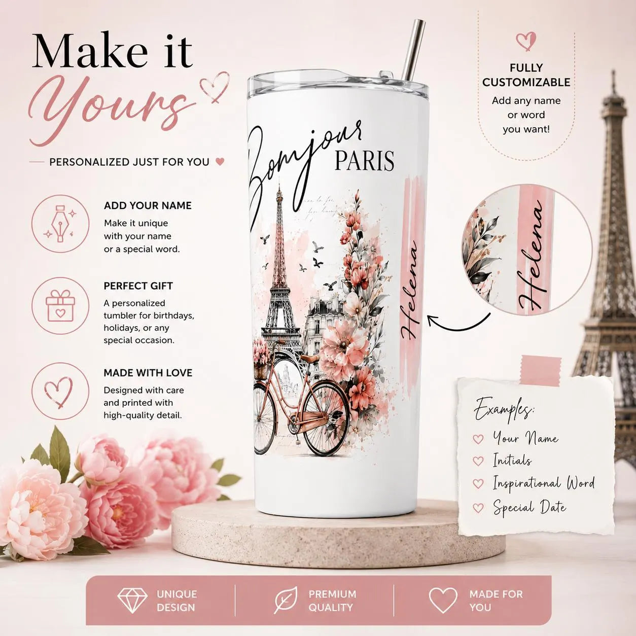 Personalized Paris Tumbler 20oz | Custom Name Travel Mug | Eiffel Tower Floral Cup | Paris Lover Gift for Her | French Inspired Coffee Cup