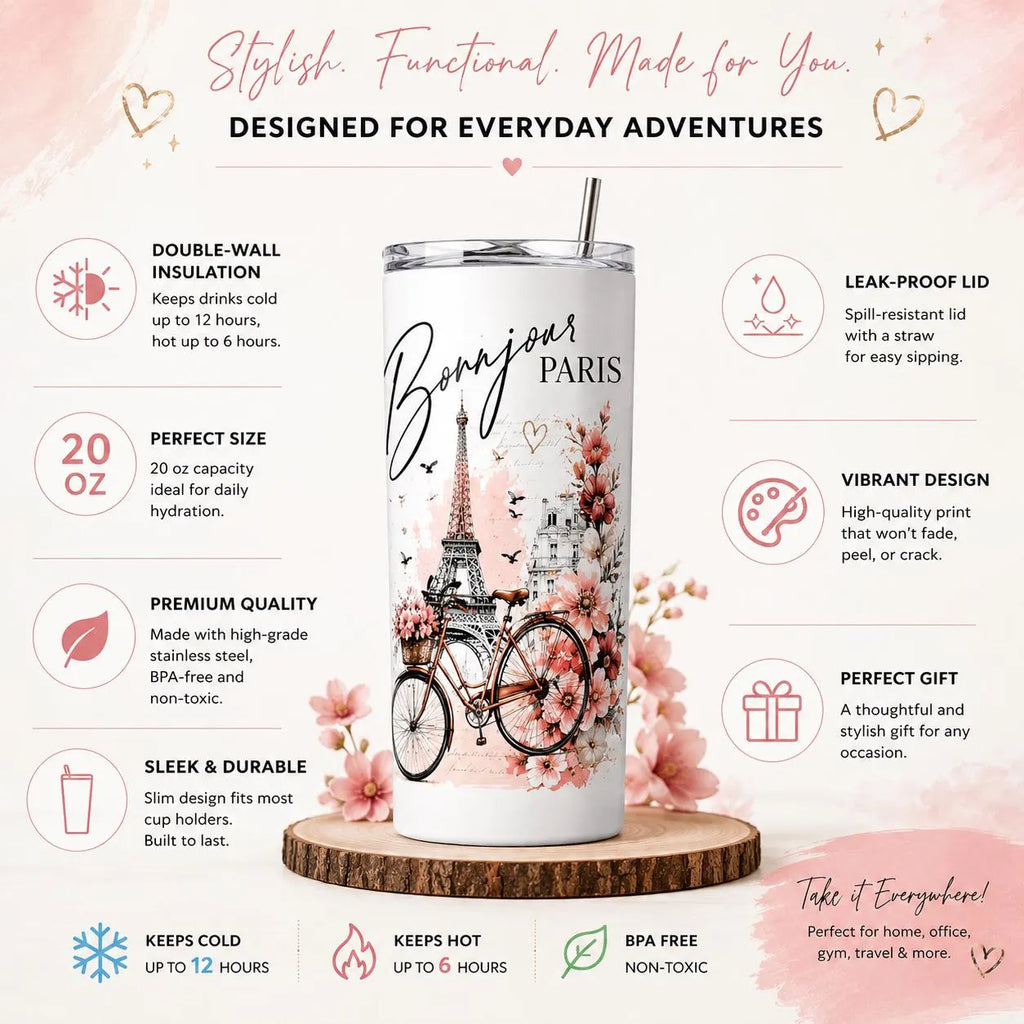 Personalized Paris Tumbler 20oz | Custom Name Travel Mug | Eiffel Tower Floral Cup | Paris Lover Gift for Her | French Inspired Coffee Cup