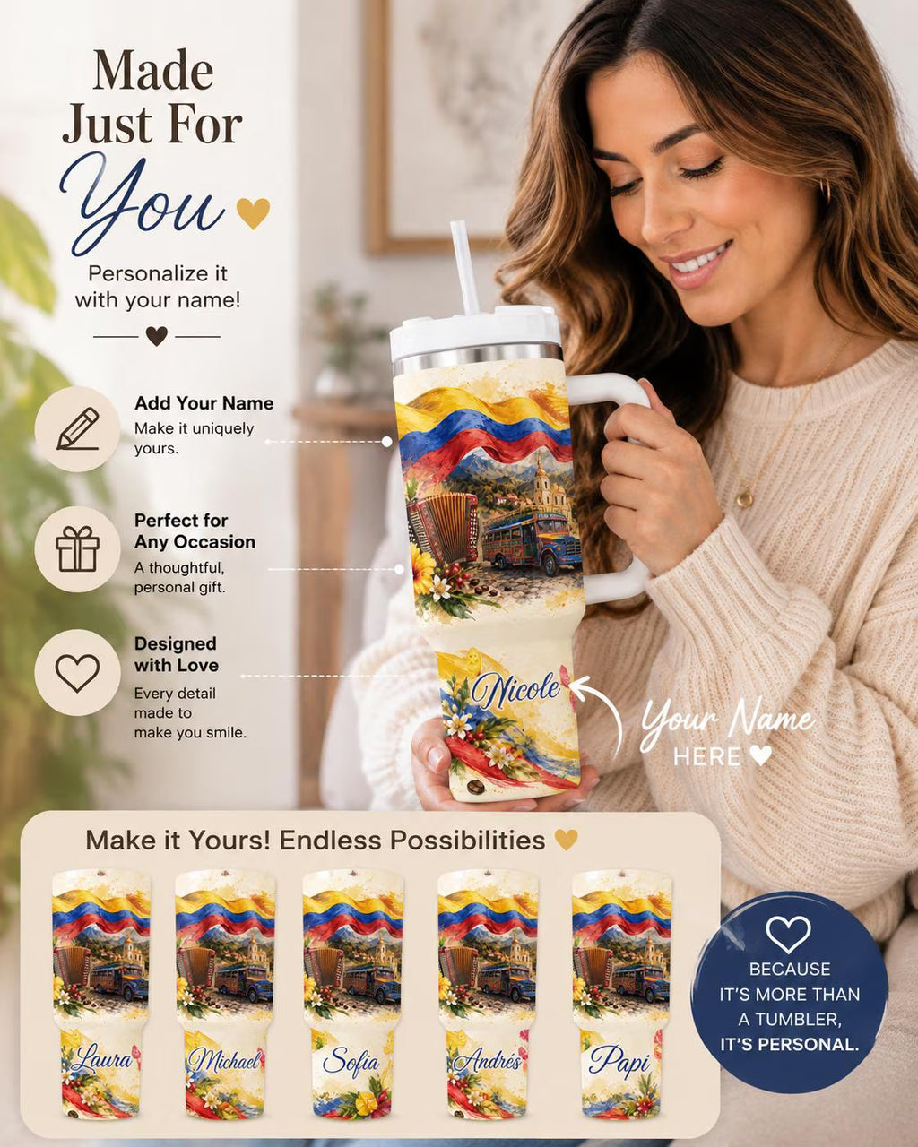 Personalized Colombia 30 Oz 40 oz Tumbler with Handle, Colombian Flag Coffee Travel Mug