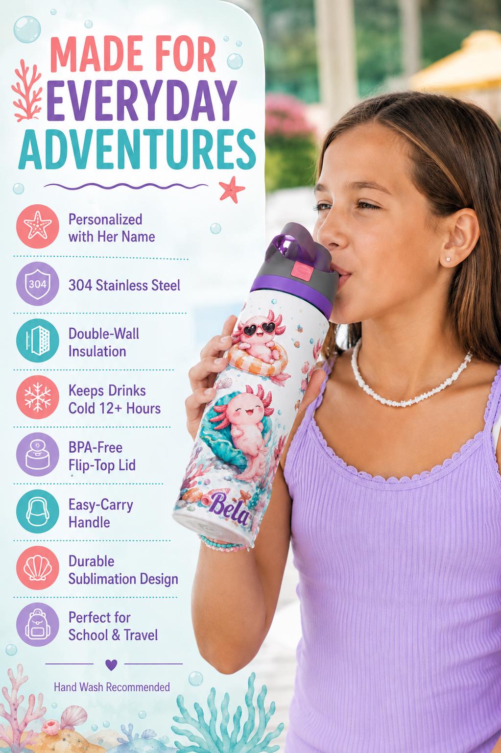 Axolotl Water Bottle 24oz, Personalized Kawaii Axolotl Water Bottle 24oz, Custom Name Kids Stainless Steel Tumbler
