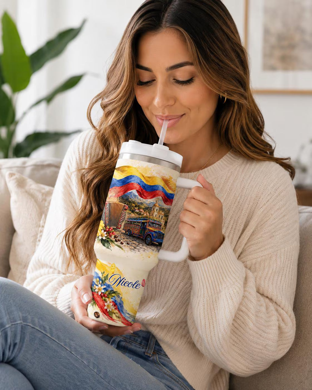 Personalized Colombia 30 Oz 40 oz Tumbler with Handle, Colombian Flag Coffee Travel Mug