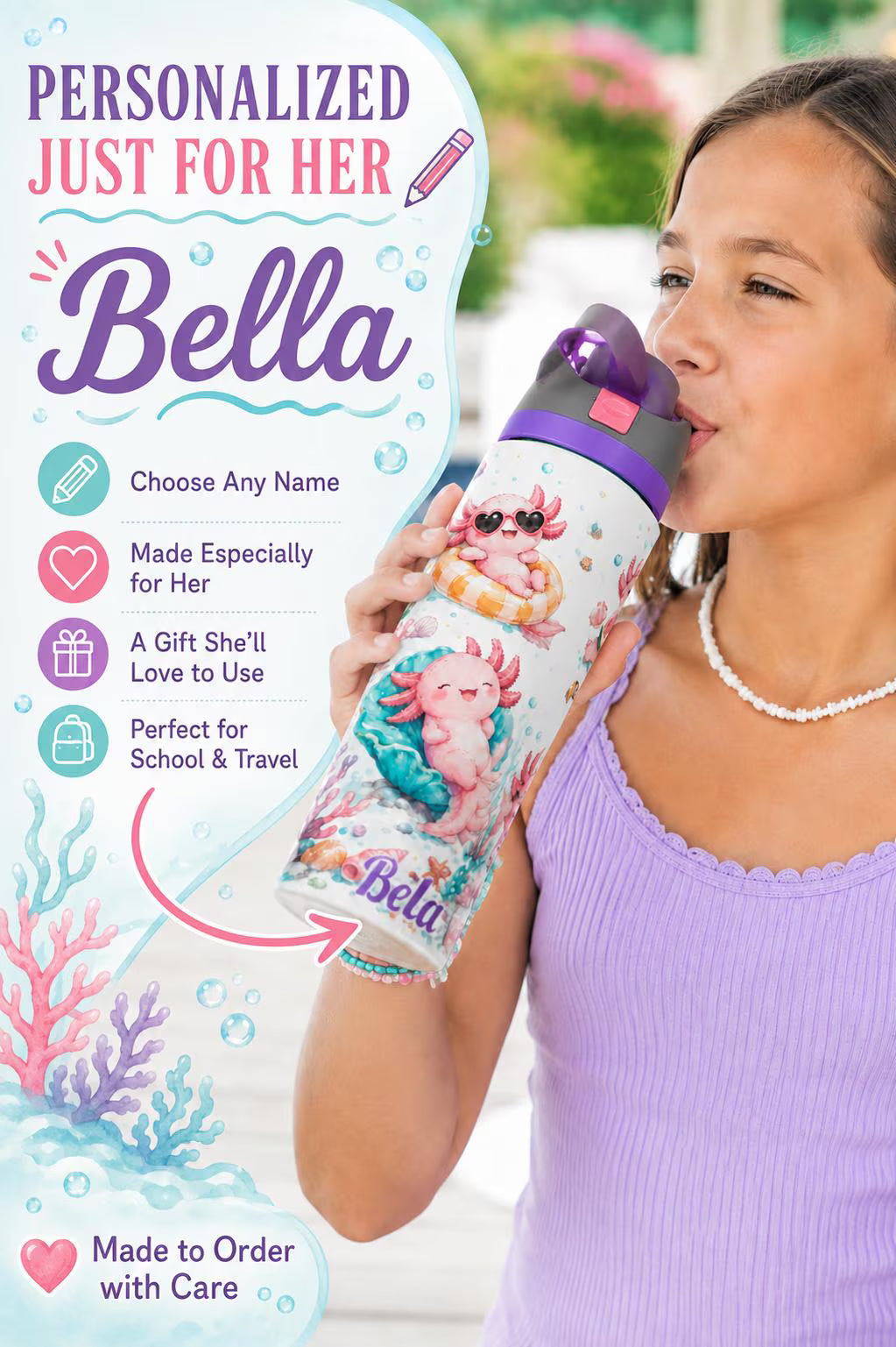 Axolotl Water Bottle 24oz, Personalized Kawaii Axolotl Water Bottle 24oz, Custom Name Kids Stainless Steel Tumbler