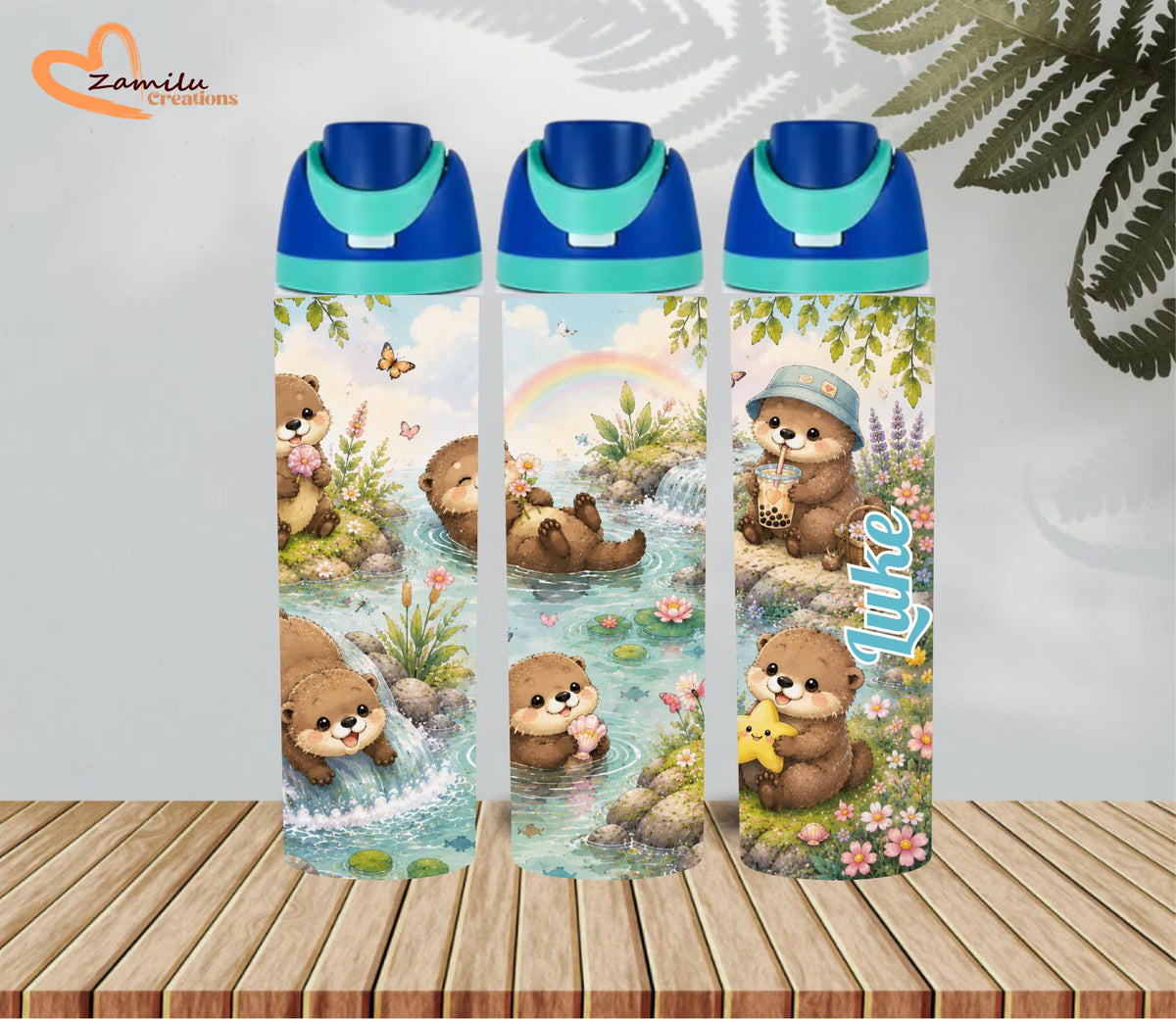 Personalized Little Otter River Water Bottle, Custom Kids Stainless Steel Tumbler 24 oz, Cute Kawaii Animal Drinkware, Back to School Gift