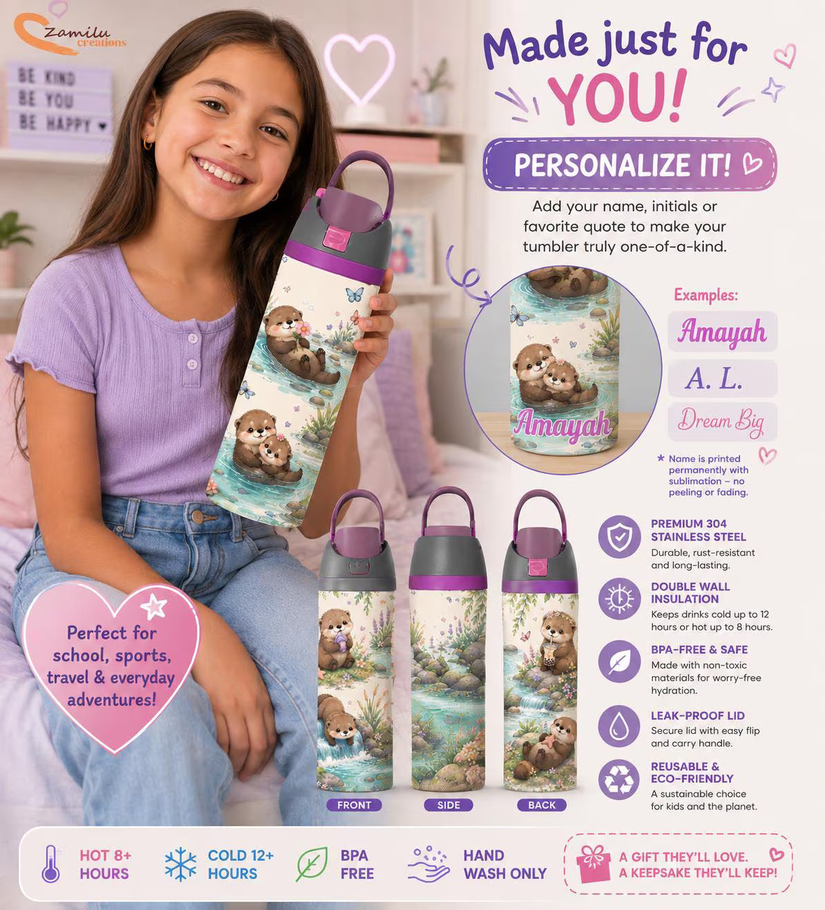 Personalized Little Otter River Water Bottle, Custom Kids Stainless Steel Tumbler 24 oz, Cute Kawaii Animal Drinkware, Back to School Gift