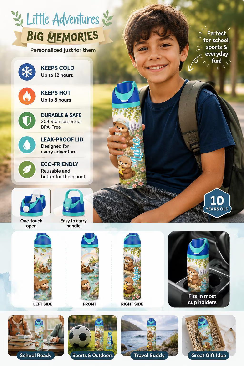 Personalized Little Otter River Water Bottle, Custom Kids Stainless Steel Tumbler 24 oz, Cute Kawaii Animal Drinkware, Back to School Gift