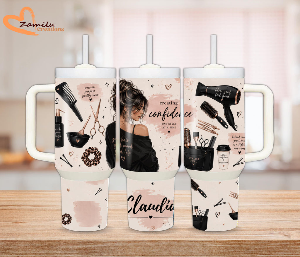 Personalized Hair Stylist Tumbler, 40oz Cup with Handle, Custom Hairdresser Travel Mug, Cosmetologist Gift for Her, Stainless Steel