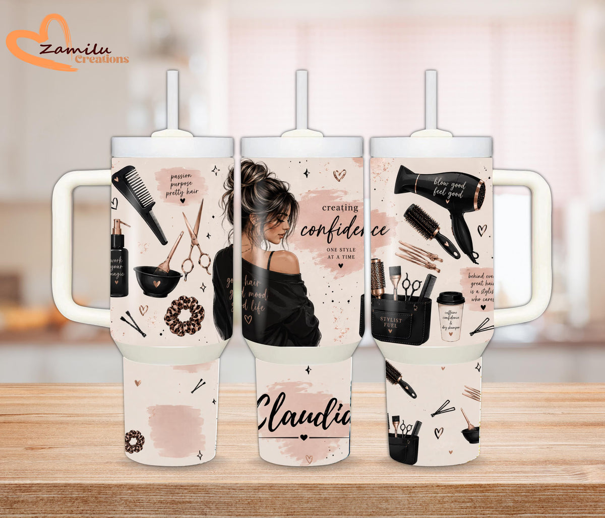Personalized Hair Stylist Tumbler, 40oz Cup with Handle, Custom Hairdresser Travel Mug, Cosmetologist Gift for Her, Stainless Steel