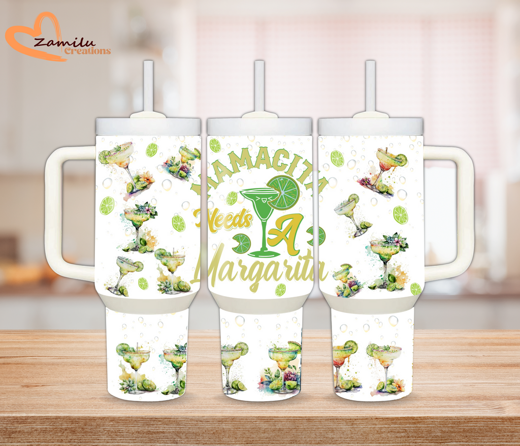 Mamacita needs a margarita, 40oz tumbler with handle and straw, midnight margaritas, perfect gift, 30 oz, margaritas por favor.