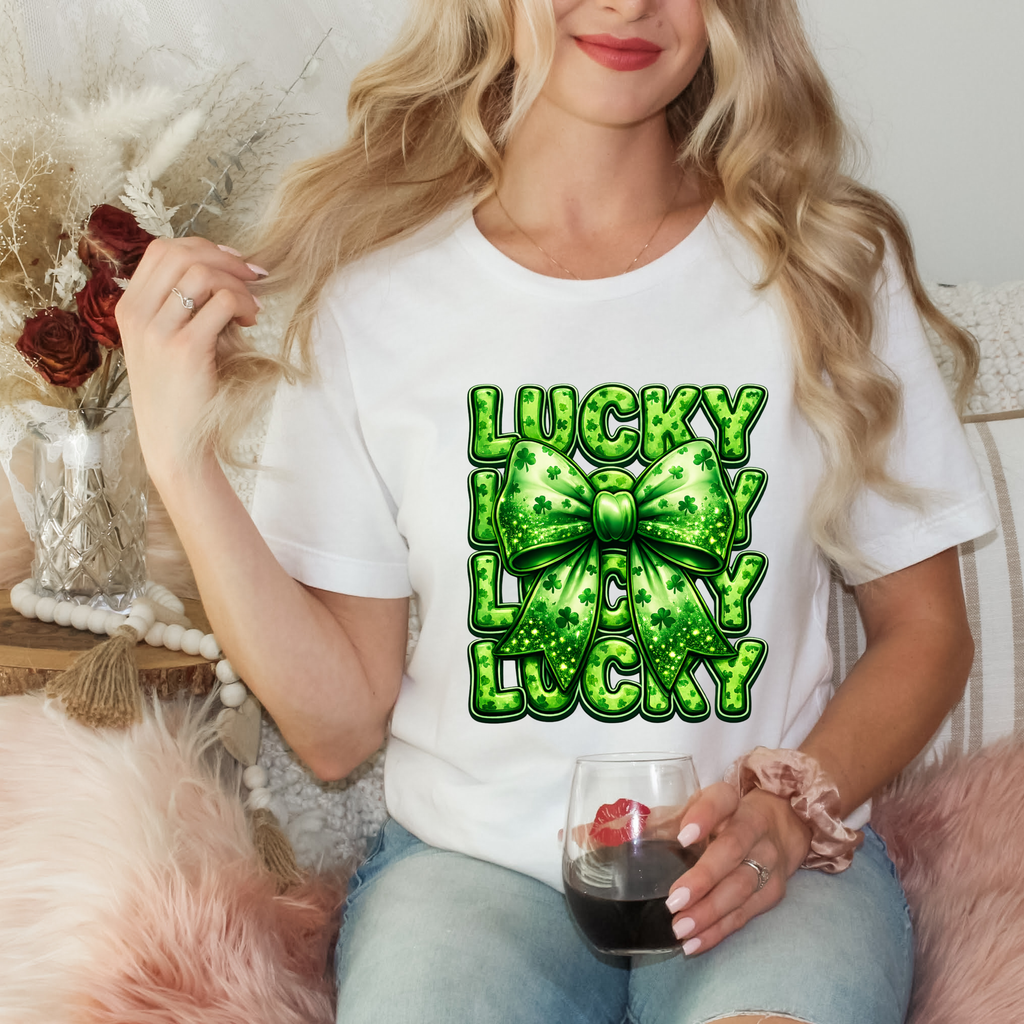 Lucky Shamrock Bow T-Shirt – St. Patrick’s Day Shirt for Women, Cute Clover Graphic Tee