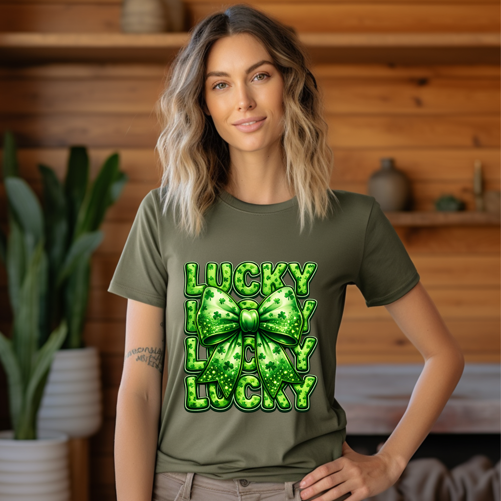 Lucky Shamrock Bow T-Shirt – St. Patrick’s Day Shirt for Women, Cute Clover Graphic Tee