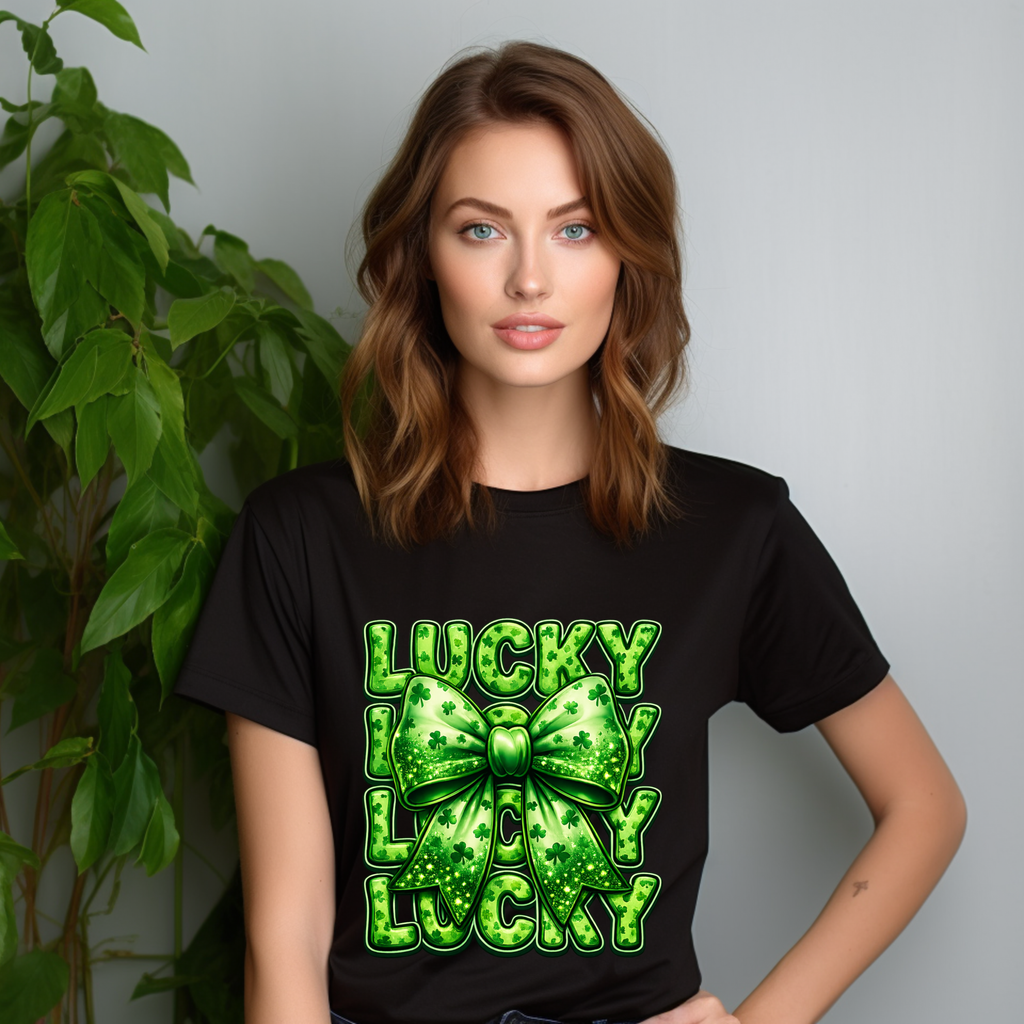 Lucky Shamrock Bow T-Shirt – St. Patrick’s Day Shirt for Women, Cute Clover Graphic Tee