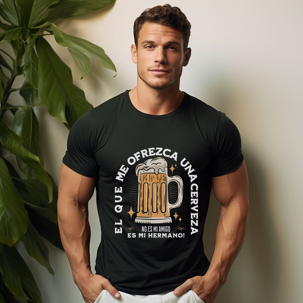 Spanish Beer Humor Shirt | “El Que Me Ofrezca Una Cerveza Es Mi Hermano” T-Shirt | Funny Latino Drinking Tee