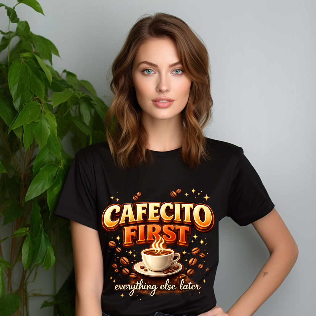 Cafecito First T-Shirt – Latina Coffee Lover Shirt Hispanic Culture Coffee Shirt